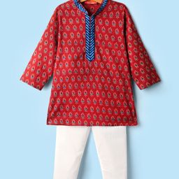 Exclusive from Jaipur Cotton Woven Full Sleeves Floral Printed Kurta Pyjama Set - Red & Off white-image-18