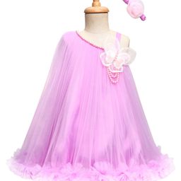 Enfance Sleeveless Butterfly Applique Detailed & Pearls Embellished Knee Length Dress With Headband Set - Lavender-image-45