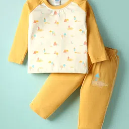 Tango Single Jersey Knit Full Sleeves T-shirt & Pant Set with Forest Theme Print - Yellow & Cream-picture-2