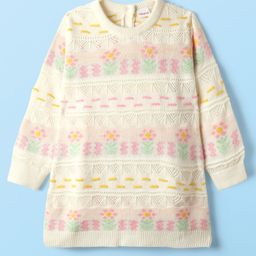 Babyhug Knit Full Sleeves Woolen Dress with Floral Design - White-image-5