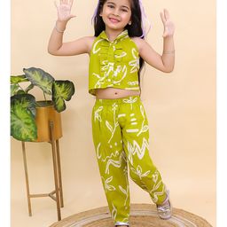 AJ Dezines Cotton Woven Sleeveless Floral Printed Top & Coordinating Pant Set - Green-image-75
