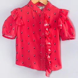 Hugsntugs Cotton Woven Half Puffed Sleeves Toucans Printed Shirt Style Top - Red-picture-48
