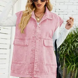 Oh Rare Spread Collar Sleeveless Longline Pockets Denim Jacket-picture-12