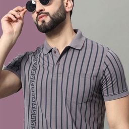 OGEN Men Striped Polo Collar Pockets T-shirt-image-78