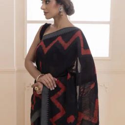 Geroo Jaipur Black & Red Pure Chanderi Hand Block Printed Temple Border Saree image 4