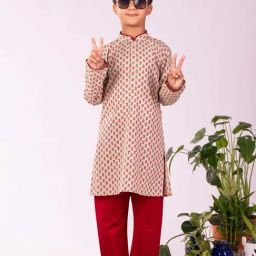VASTRAMAY Boys Red Cotton Printed Full Sleeves Kurta Sets-image-90