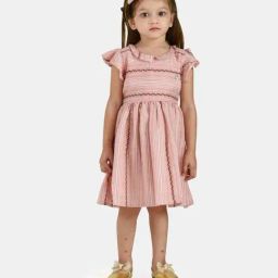 Peppermint Kids Peach Cotton Striped Dress-image-57