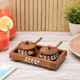 VarEesha Snow Leaf Brown Sheesham Wood Handi with Spoon & Tray - Set of 3-image-70