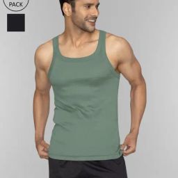 XYXX Olive Green & Black Knight Cotton Regular Fit Vests - Pack Of 2-image-1