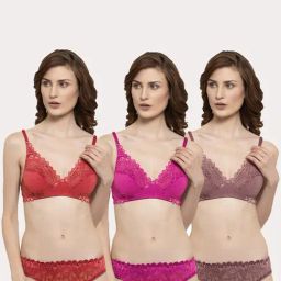 AROUSY Red & Pink Self Pattern Bra Panty Set - Pack Of 3-image-55