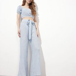 DressBerry Icy Blue Striped Stylish Bow Tie Wide Leg Trousers-image-19