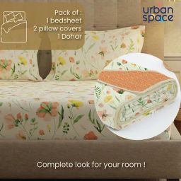 Urban Space Meadows Buttercream Cotton Printed 200 TC Double Bedsheet & Comforter with 2 Pillow Covers image 2