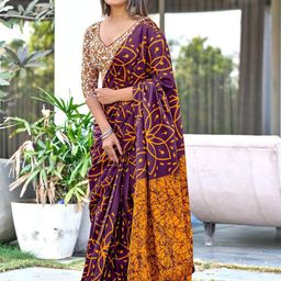 PEENGAX Floral Pure Cotton Block Print Saree-image-37