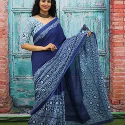 TROPWEAR Printed Mulmul Cotton Block Print Saree-49