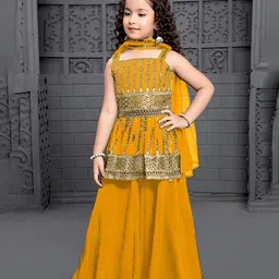 Tulsi Creation Girls Floral Embroidered Thread Work A-Line Kurti With Palazzos & Dupatta-picture-11