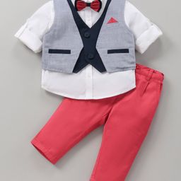 ToffyHouse Full Sleeves Shirt And Bottom Set With Waist Coat & Bow Solid Color - White Pink-image-38