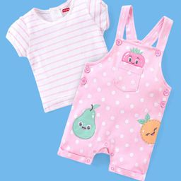 Babyhug 100% Cotton Polka Dots Printed Dungaree with Half Sleeves Striped Inner Tee - White & Pink-image-33