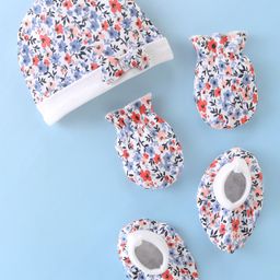 Babyhug 100% Cotton Cap Mittens And Booties Floral Print - Multicolour-image-9
