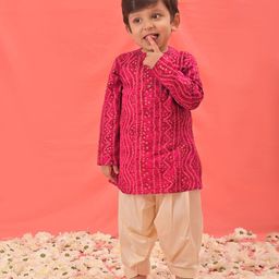 Vastramay Full Sleeves Seamless Bandhej Designed Kurta With Patiala - Red & Cream-image-97