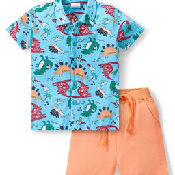 Babyhug Cotton Knit Half Sleeves Dinosaurs Printed Shirt & Shorts Set - Blue & Orange-image-36