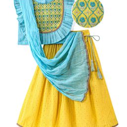EARTHY TOUCH  Cotton Lurex Woven Frill Sleeves Floral  Embroidered Choli Lehenga Set with Dupatta  Frill & Lace Detailing  - Yellow & Blue-image-58