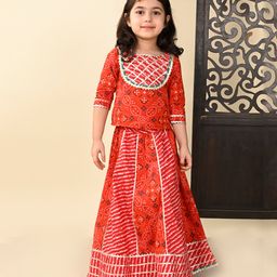 Superminis Three Fourth Sleeves Gota Lace Detailed Bandhani Designed Ethnic Lehenga Choli Set - Red-image-36