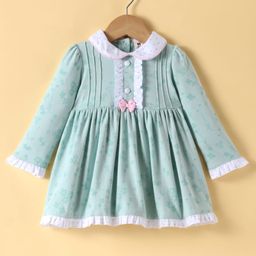 ToffyHouse Interlock Knit Full Sleeves Frock With Floral Print Lace Detailing & Peter Pan Collar - Mint-image-83