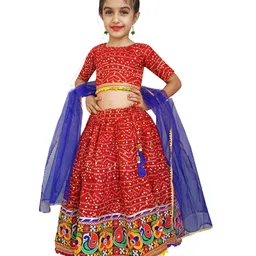 Aglare Navratri Theme Cotton Half Sleeves Bandhani Printed & Mirror Embroided With Gota Patti Laced Embellished Lehenga Choli With Dupatta - Red-picture-3