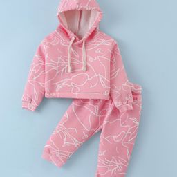 Ollypop Fleece Knit Full Sleeves Printed Hooded Winter Wear Co-Ord Set - Baby Pink-picture-9
