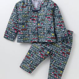 Doreme Cotton Knit Full Sleeves Front Open Text Printed Night Suit - Dark Green-image-75