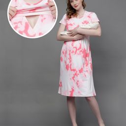 True Shape Half Sleeves Tie Dye Maternity Dress With Zipless Nursing Access - Baby Pink-image-96