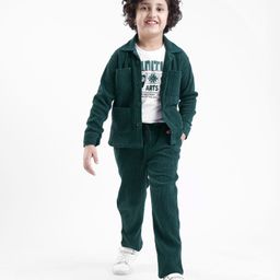 Dapper Dudes Corduroy Arts Text Printed Tee & Pant With Full Sleeves Blazer Set - Dark Green-picture-3