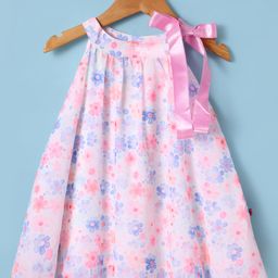 Dew Drops Chiffon Woven Sleeveless Dress With Floral Print & Bow Applique - Red-image-92