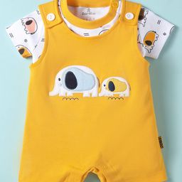 Child World Interlock Knit Half Sleeves Elephant Embroidered & Printed Dungaree Style Romper with Half Sleeves Inner T-Shirt - Yellow-20