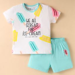 Doreme Single Jersey Knit Half Sleeves Shorts Night Suit With Text Print - White-image-22