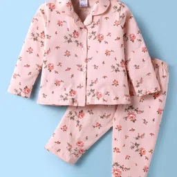 Smarty Girls 100% Cotton Knit Full Sleeves Co-ords Front Open Night Suit With Floral Print - Peach-picture-45