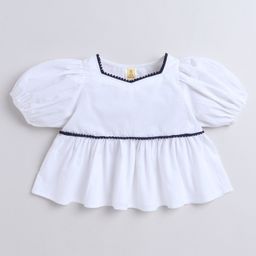 Aww Hunnie 100% Cotton Half Puffed Sleeves Lace Detailed Peplum Top - White-image-60