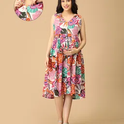 The Mom Store Cotton Sleeveless Floral Printed Maternity Dress With Nursing Access - Multi Colour-picture-28