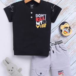 TOONYPORT Cotton Knit Half Sleeves Dont Kill My Vibe Text Printed Tee & Shorts Set - Black-image-4