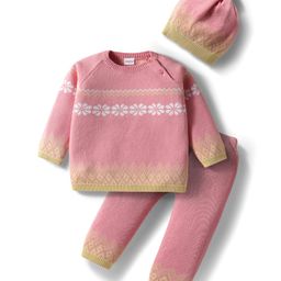 Babyhug Knit Full Raglan Sleeves Pullover Sweater Set with Cap & Aztec Design - Pink-picture-45