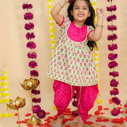 BownBee Cotton Woven Half Sleeves Floral Printed Gota Lace Embellished Dhoti Kurti Set - Green-picture-1