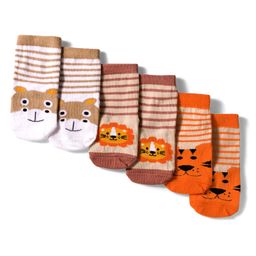 Cute Walk by Babyhug Knit Ankle Length Anti Bacterial Socks with Lion & Tiger Design Pack of 3 - Brown & Orange-picture-23