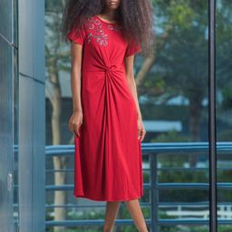 Virgio Women Viscose Rayon Round Neck Midi Length Embellished Short Sleeves A-Line Dress-image-40
