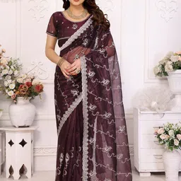 The Textile Hub Floral Embroidered Pure Chiffon Saree With Unstitched Blouse Piece-image-76