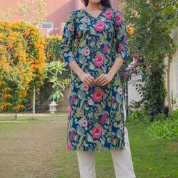 KALINI Floral Printed V-Neck Three-Quarter Sleeves Pure Cotton Straight Kurta-image-52