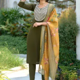AWRIYA Women Ethnic Motifs Embroidered Kurta with Trousers & Dupatta-image-87