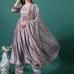 KALINI Women Ethnic Motifs Embroidered Regular Sequinned Kurta with Trousers & With Dupatta-15