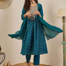 VredeVogel Women Embroidered Chanderi Silk A-Line Zari Kurta With Trousers & Dupatta-image-82