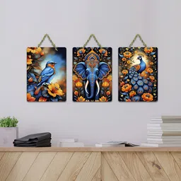 ArtVibes Blue & Yellow Spirit of Nature 3 Pieces Printed Wooden Wall Hanging Decors-image-20