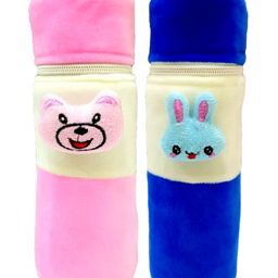 Brandonn Velvet Feeding Bottle Covers With Animal Motifs Fits 250 ml Bottle Set of 2 - Blue Pink-image-80